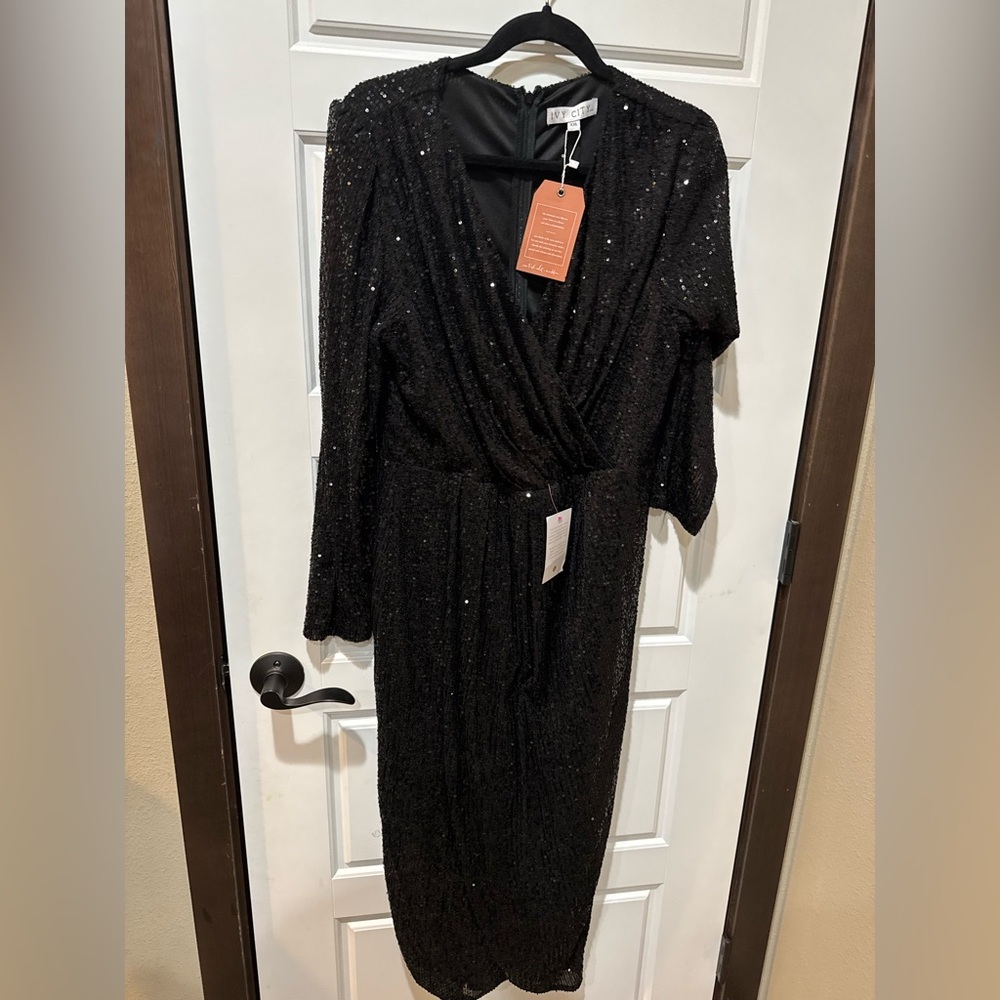 Ivy City Co Black Sequin Long Sleeve Dress | Starstruck| Black Tie| Evening | - Picture 3 of 6